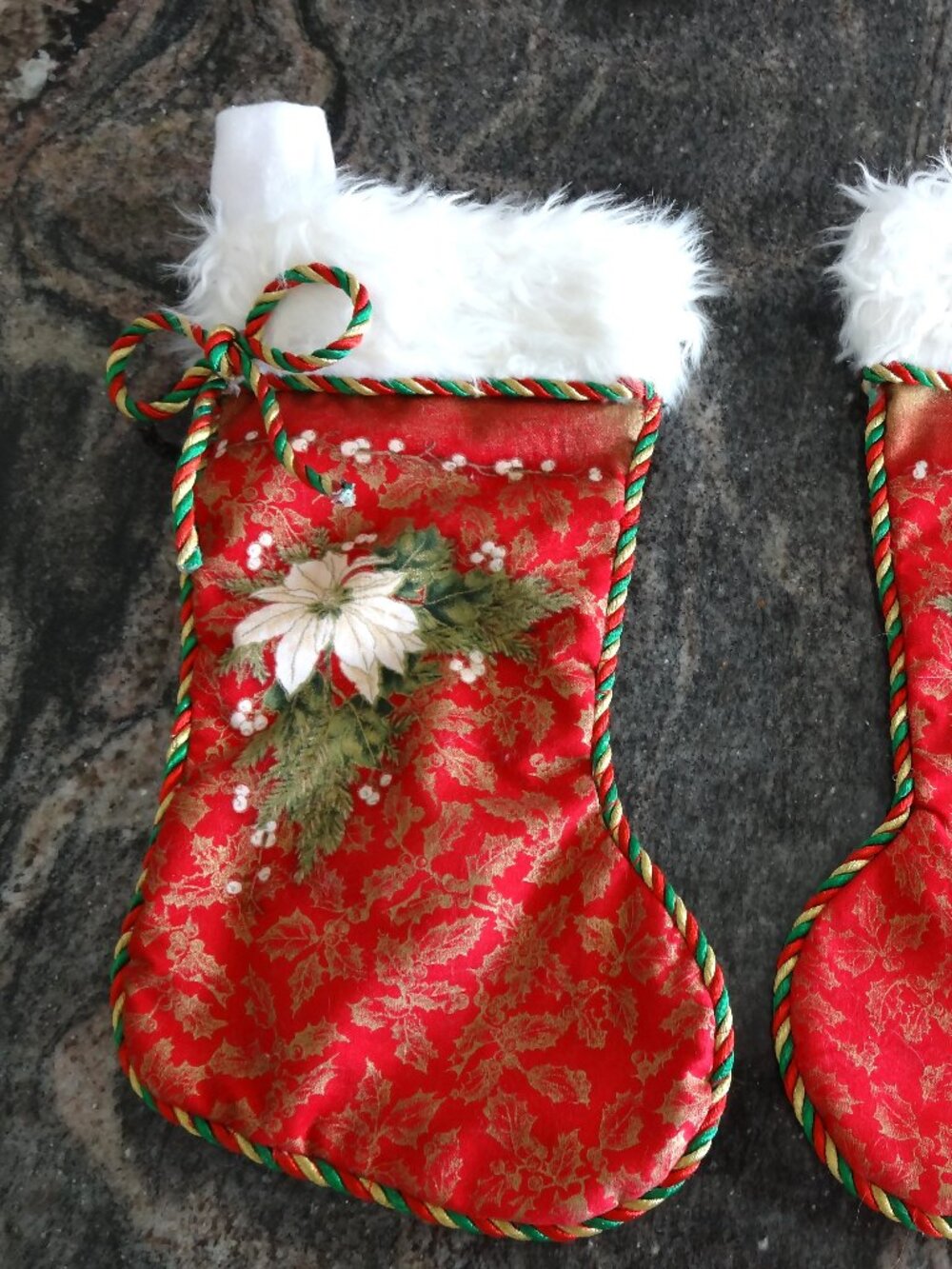 Pair of Elegant Handmade Christmas Stockings with White Faux Fur Cuff